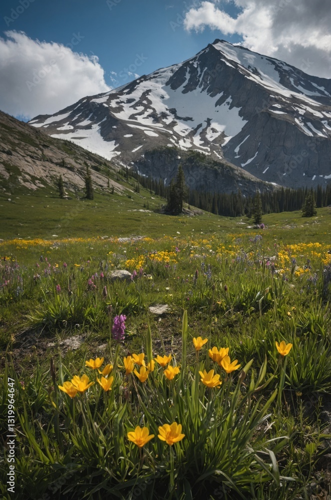 Obraz premium Alpine meadow ablaze with wildflowers, set against a majestic snow-capped mountain backdrop.