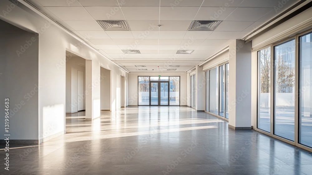 Empty Modern Office Space, Sunlight Streaming Through Large Windows Empty Modern Office Space, Sunlight Streaming Through Large Windows