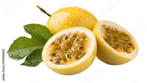 Fresh yellow passion fruit with a smooth golden rind and juicy pulp perfect for tropical fruit illustrations, organic food branding, and healthy beverage designs on transparent background PNG