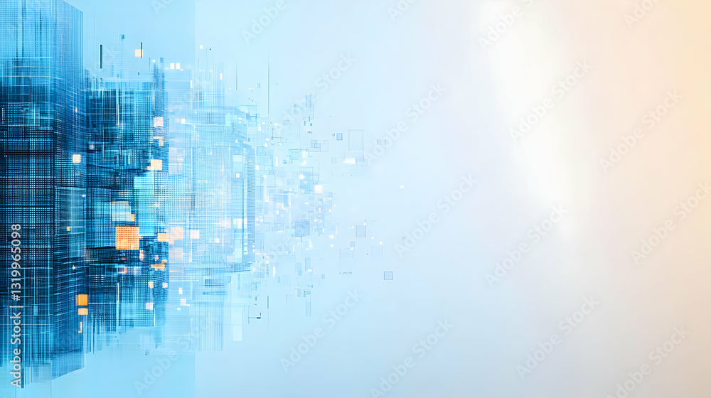 Abstract Digital Technology Background With Blue And Light Gradient Geometric Shapes And Lines Disintegrating Into Pixels In A Futuristic Design Abstract Digital Technology Background With Blue And Light Gradient Geometric Shapes And Lines Disintegrating Into Pixels In A Futuristic Design