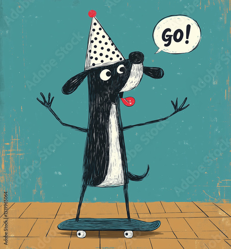 Dog in a party hat joyfully skateboarding with excitement in a colorful, whimsical setting