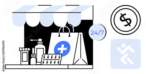 Pharmacy storefront with medicine bottles, blister packs, shopping bag, and dollar icon. Ideal for healthcare, online shopping, e-commerce, medical supplies, convenience digital access quick