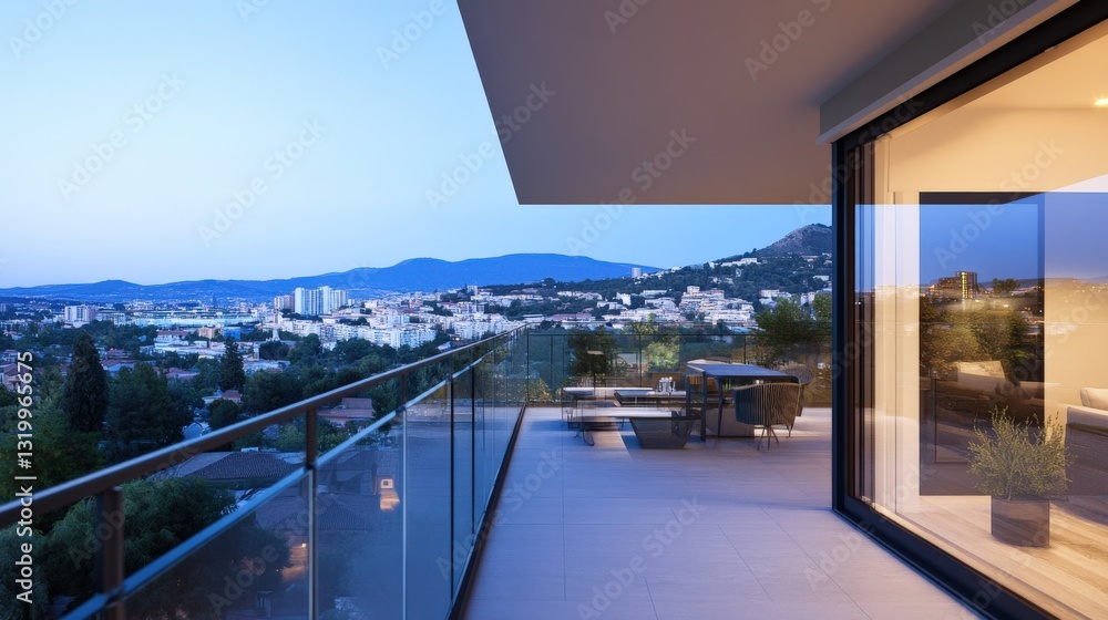 Fototapeta premium Modern Lounge Balcony Overlooking Scenic Cityscape at Dusk, Featuring Sleek Furniture and Expansive View of Urban Landscape and Mountains in the Background