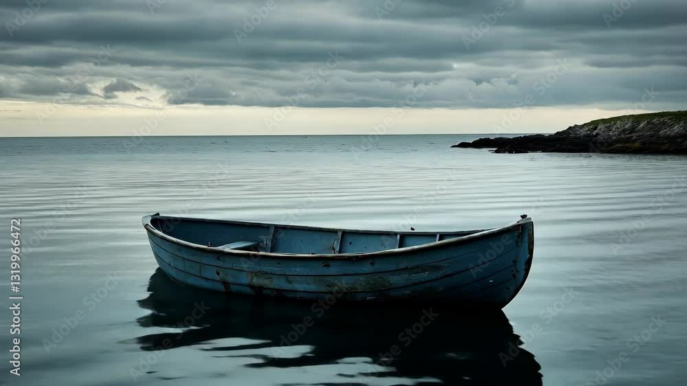 Tranquil morning on still waters with a solitary blue boat floating under a moody sky Tranquil morning on still waters with a solitary blue boat floating under a moody sky