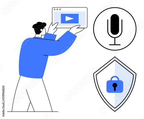 Man in blue accessing touchscreen, media player, microphone, and padlock shield icons. Ideal for media, security, technology, communication digital interfaces user experience multimedia. Abstract