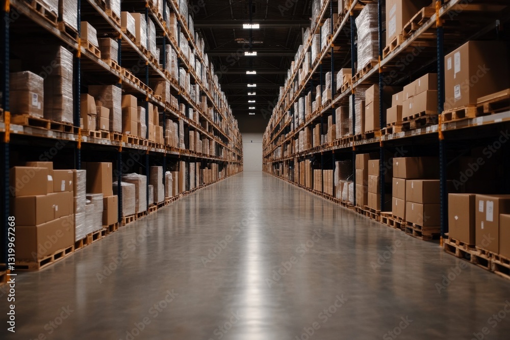 Fototapeta premium Large warehouse with stacked cardboard boxes 