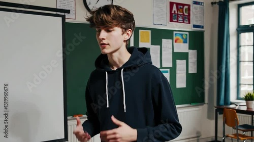Young student speaking confidently in front of a classroom with a whiteboard behind him.