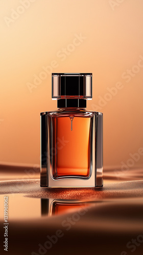 Elegance captured in golden hues showcasing a luxurious perfume bottle on a silky surface at dusk