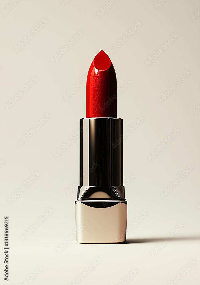 Vibrant red lipstick stands elegantly against a soft beige backdrop showcasing beauty and style in a minimalistic setting Vibrant red lipstick stands elegantly against a soft beige backdrop showcasing beauty and style in a minimalistic setting