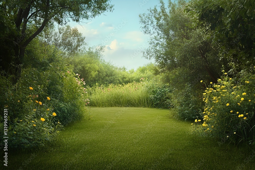 Obraz premium Lush green pathway surrounded by vibrant wildflowers under a clear blue sky in early afternoon light