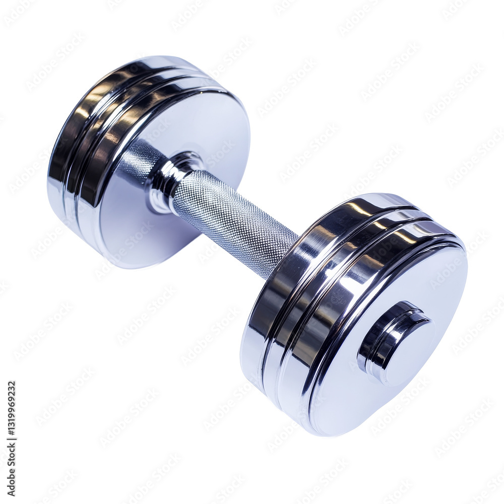 Shiny chrome dumbbell on a white background showcases fitness equipment for weight training