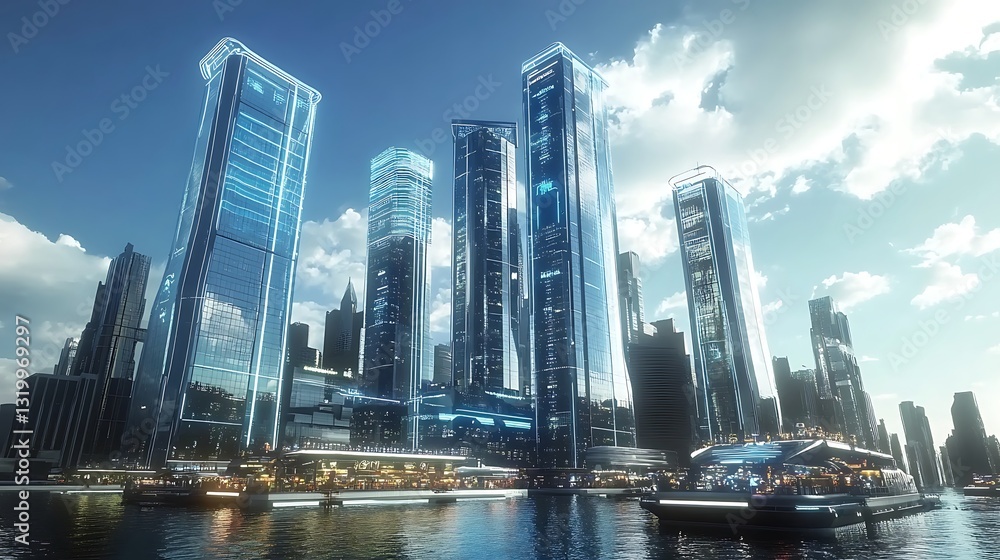 Naklejka premium Sleek futuristic city skyline with radiant skyscrapers and waterfront development