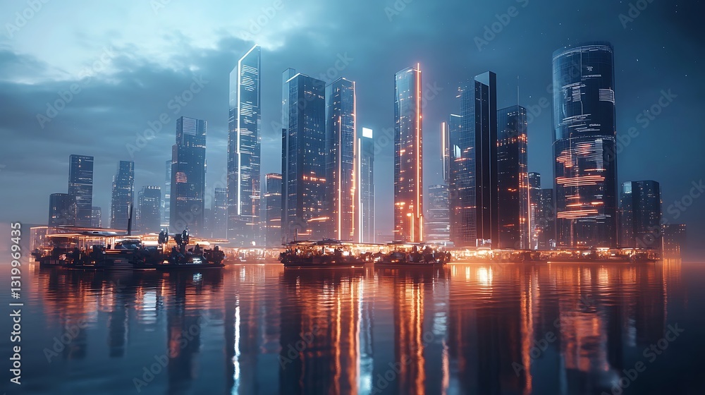 Fototapeta premium Futuristic urban landscape featuring sleek skyscrapers and tranquil water reflections