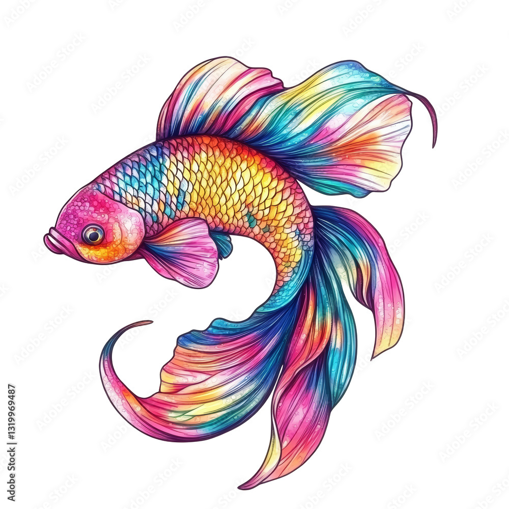 Colorful fish swims gracefully in vibrant, flowing water