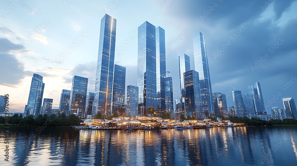 Obraz premium Modern cityscape with towering skyscrapers reflecting in calm waterscape scene