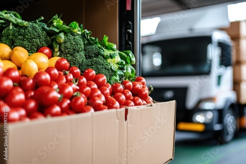 Fresh vegetables in storage with delivery truck in background	