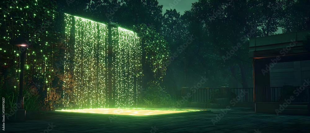 Fototapeta premium Glowing Green Waterfall Portal In A Dark Forest At Night With Digital Particles And Light Beams Illuminating The Abandoned Structure