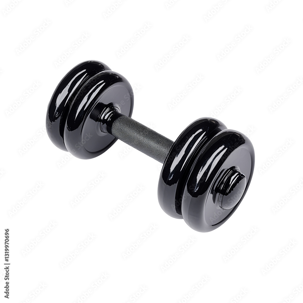 Black dumbbell placed on a white surface in a well lit indoor setting