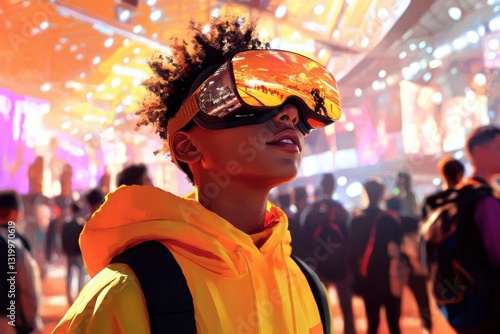 Young person exploring digital world with VR headset	