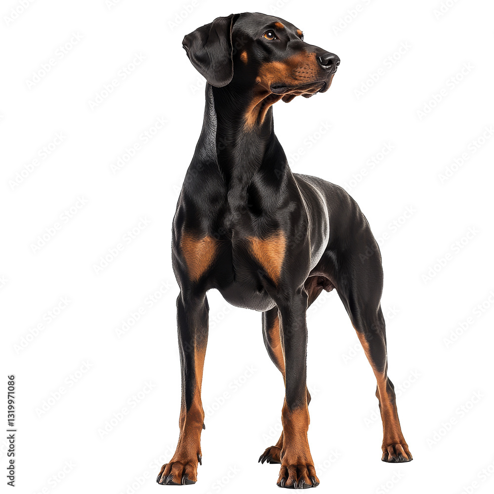 Doberman standing proudly in a studio with neutral background
