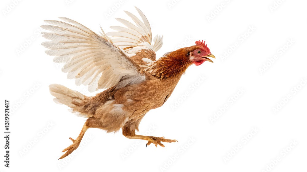 Fototapeta premium High-quality hen in action with lifted feet and open wings suitable for agriculture marketing backyard poultry visuals and realistic farm animal artwork on transparent background PNG