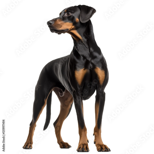 Elegant Doberman standing gracefully against a neutral backdrop indoors