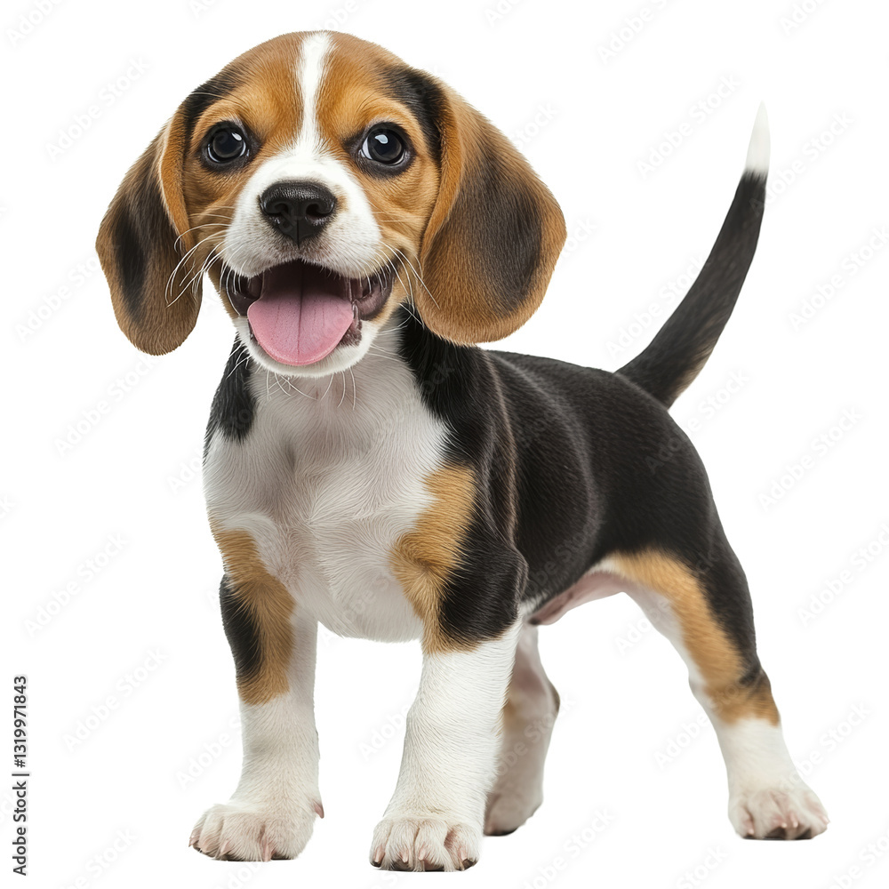 Happy beagle puppy plays joyfully with a big smile in a bright setting