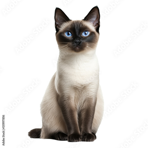 Siamese cat sitting gracefully indoors with striking blue eyes