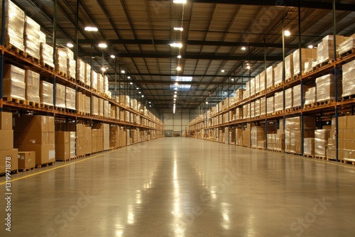 Wallpaper Mural Large warehouse with rows of stacked cardboard boxes	 Torontodigital.ca