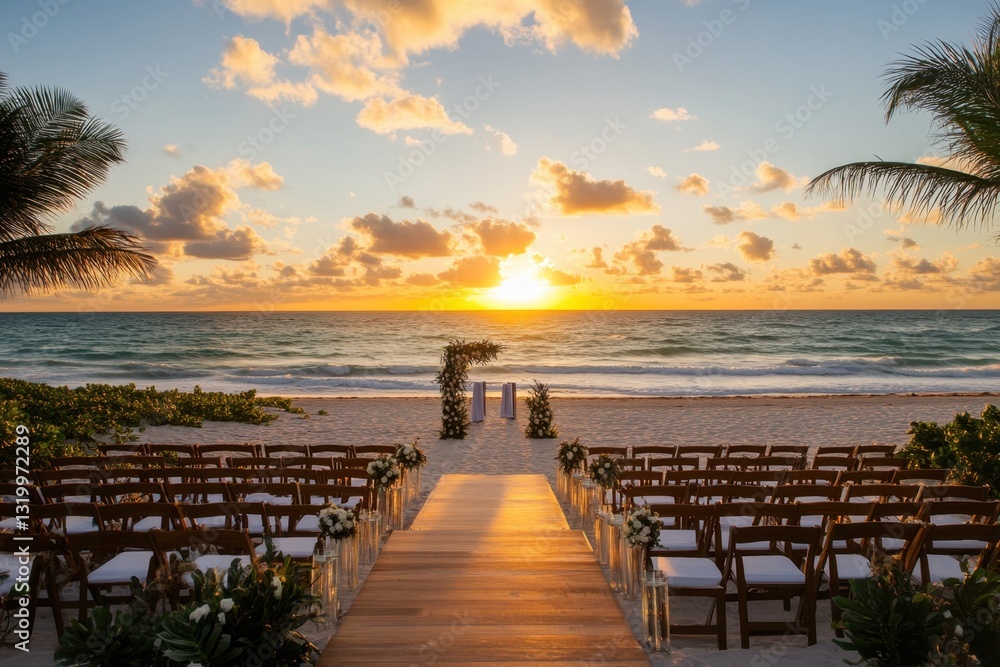 Obraz premium Beach wedding setup at sunset with glowing lanterns 