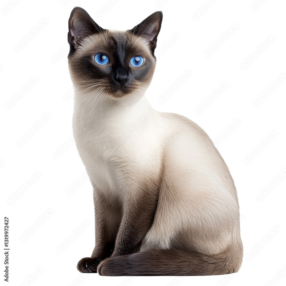 Siamese cat with striking blue eyes sitting elegantly against a white background