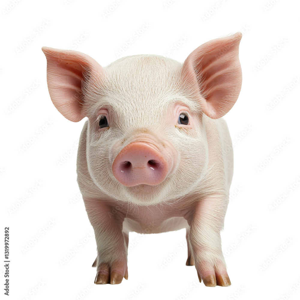 Cute piglet stands curiously on a white background looking at the viewer