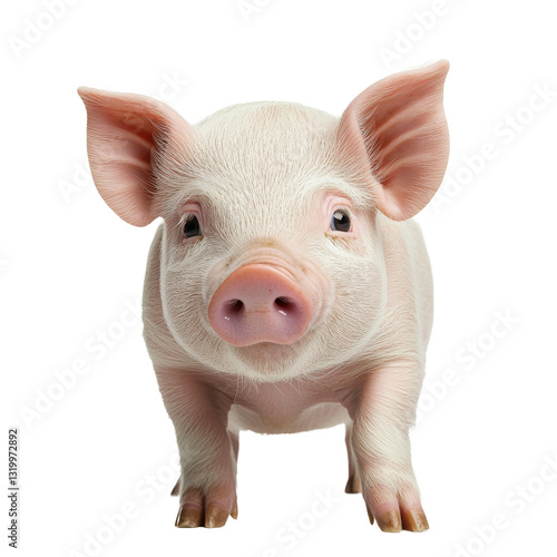 Obraz na płótnie Cute piglet stands curiously on a white background looking at the viewer w salonie