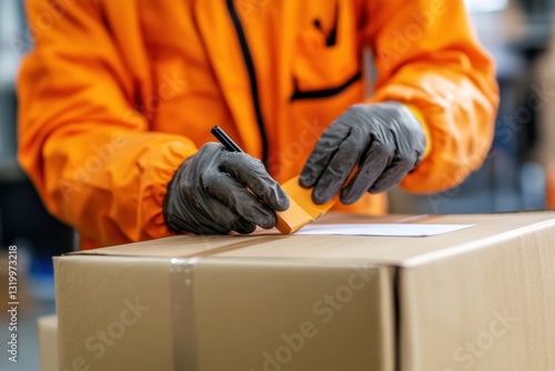 Warehouse worker labeling a package for shipment	