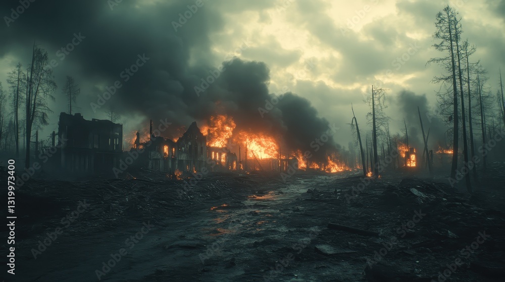 Obraz premium War-Torn Town Burning Landscape