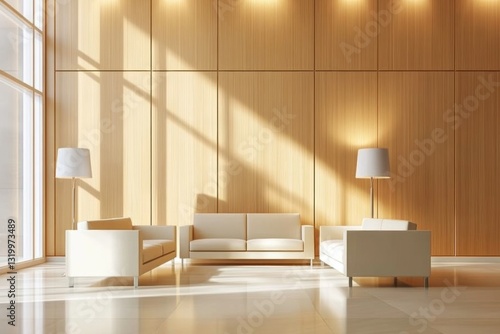 Modern waiting area with wood wall and sunlight.