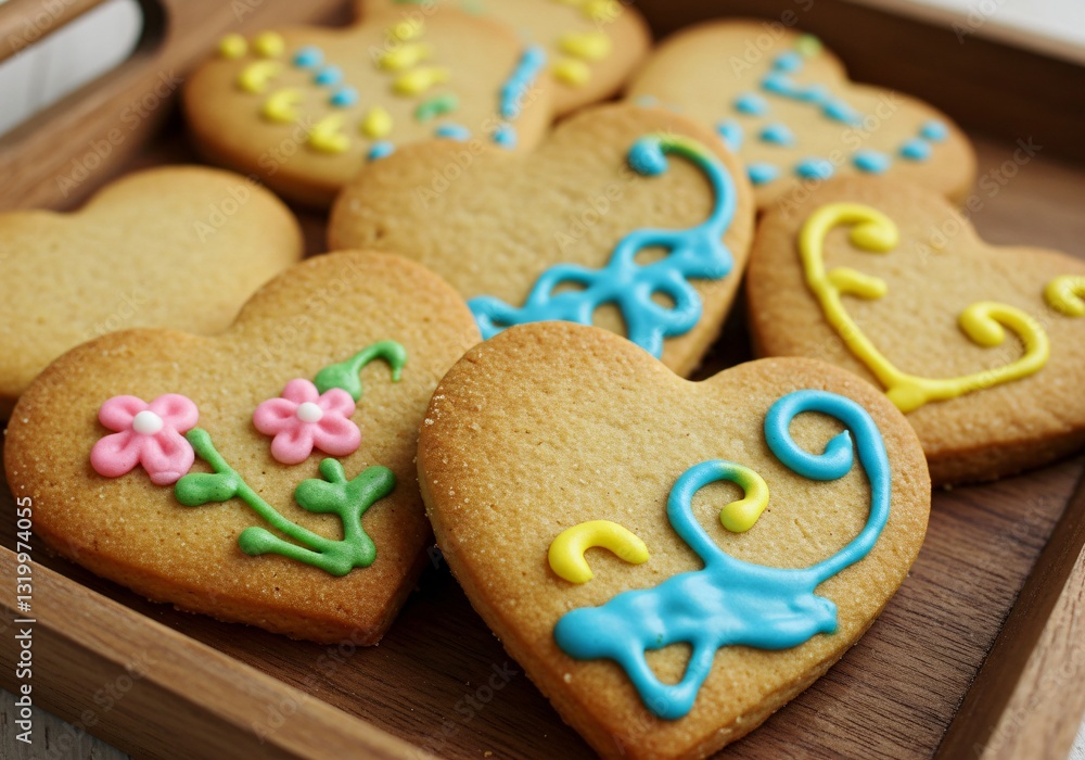 Valentine's Day, White Day Handmade heart-shaped cookies with icing decorations on a wooden tray Valentine's Day, White Day Handmade heart-shaped cookies with icing decorations on a wooden tray