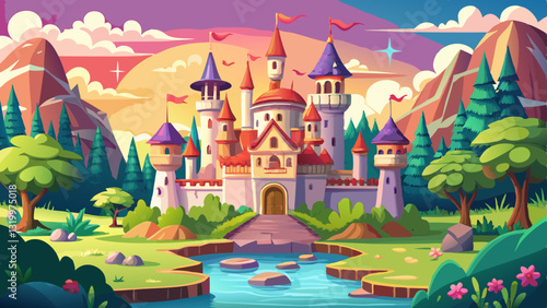 Grand and enchanting game art castle straight out of a fairy tale, complete with towering turrets, a drawbridge, and a sprawling garden