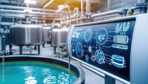 A modern industrial facility featuring large tanks and a digital control panel displaying information about water processing.