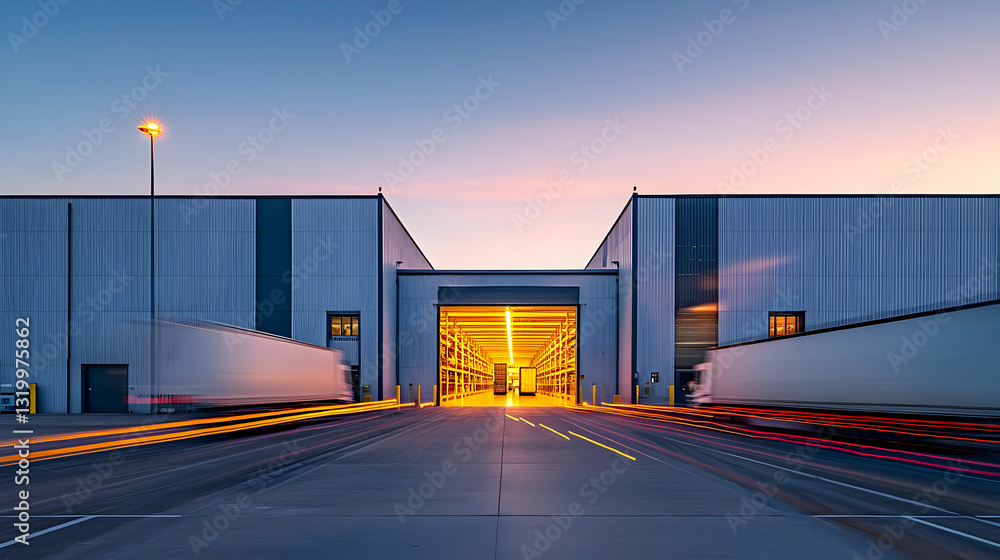 Obraz premium Illuminated Loading Dock of a Modern Distribution Warehouse with Motion Blurred Trucks at Twilight