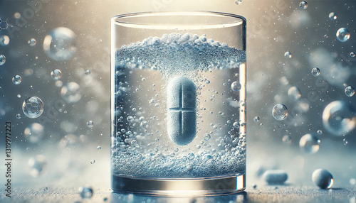 Artistic Visualization of a Pill Dissolving in Water: A High-Detail Representation of Medicine Intake, Capturing Effervescent Bubbles, Transparent Glass, and a Clean, Medical-Inspired Aesthetic