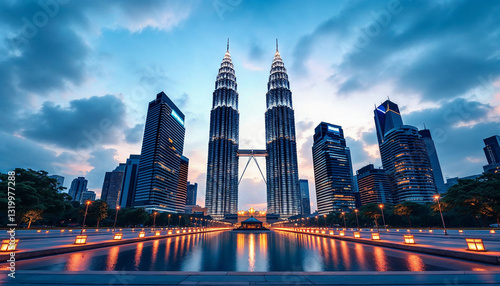 twins building tower asian malaysia in the night background