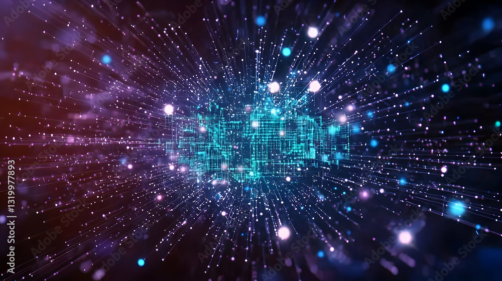 Naklejka premium Abstract Digital Network Visualization In Blue And Purple With Glowing Light Particles And Futuristic Design