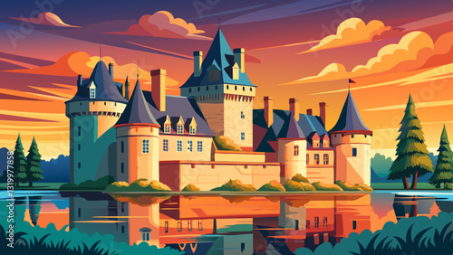 Chateau of Sully-sur-Loire at sunset, France. Old castle in Loire Valley in summer.