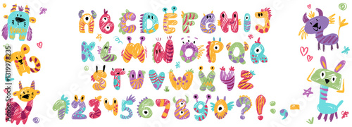 Crayon Monster kids font, doodle funny playful alphabet, hand drawn letters and numbers. School wax crayon abc for educational banners in kindergarten. Vector children illustration with cute monsters