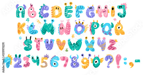 Crayon Monster kids font, doodle funny playful alphabet, hand drawn letters and numbers. School wax crayon abc for educational banners in kindergarten. Vector children illustration with cute monsters