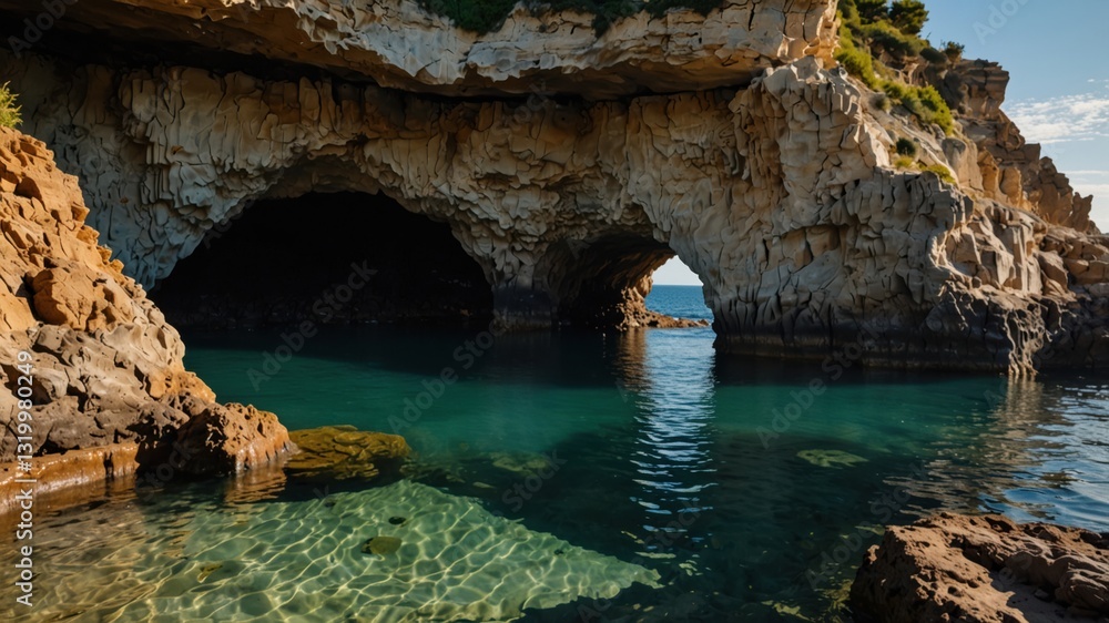 Fototapeta premium Coastal Caves: Sunlit rock formations shelter crystal waters. Tranquil turquoise sea contrasts with rugged cliffs.