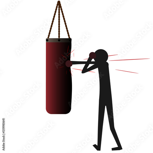 Silhouette of boxer hitting punching bag, cartoon flat style