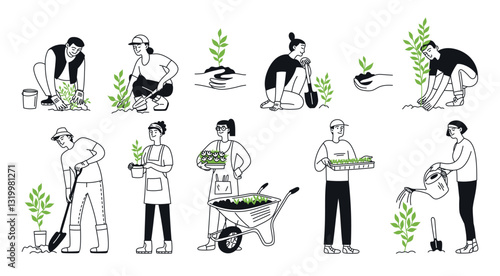 Set of people working in the garden, planting plants, taking care of plants, flowers and trees. Gardening, farm, park. Eco team. Vector doodle illustration