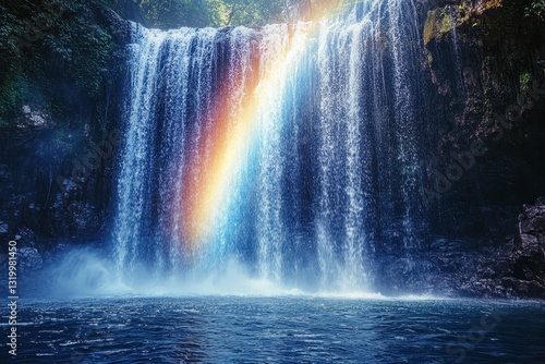 Majestic Waterfall with Vibrant Rainbow Over Clear Water Pool